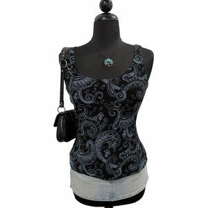 Alex Evenings Black Blue Paisley Tank Top Y2K Scoop Neck Medium